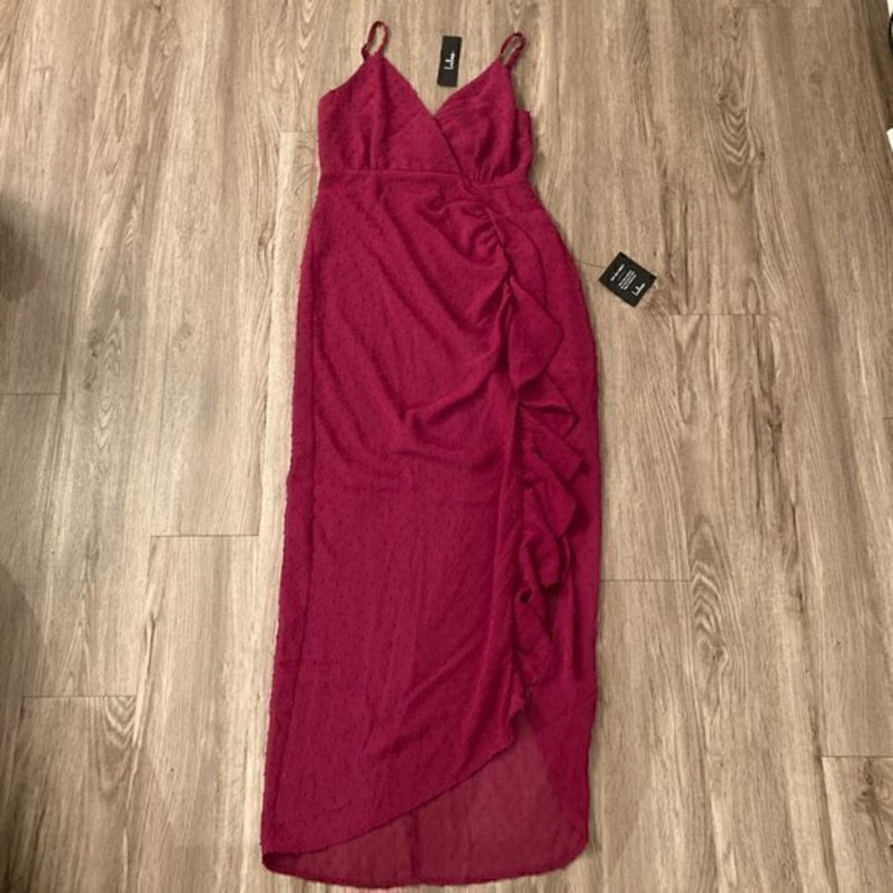 Lulu's For Us to Dance Magenta Swiss Dot Ruffled Midi Dress Size S NWT - Picture 3 of 12